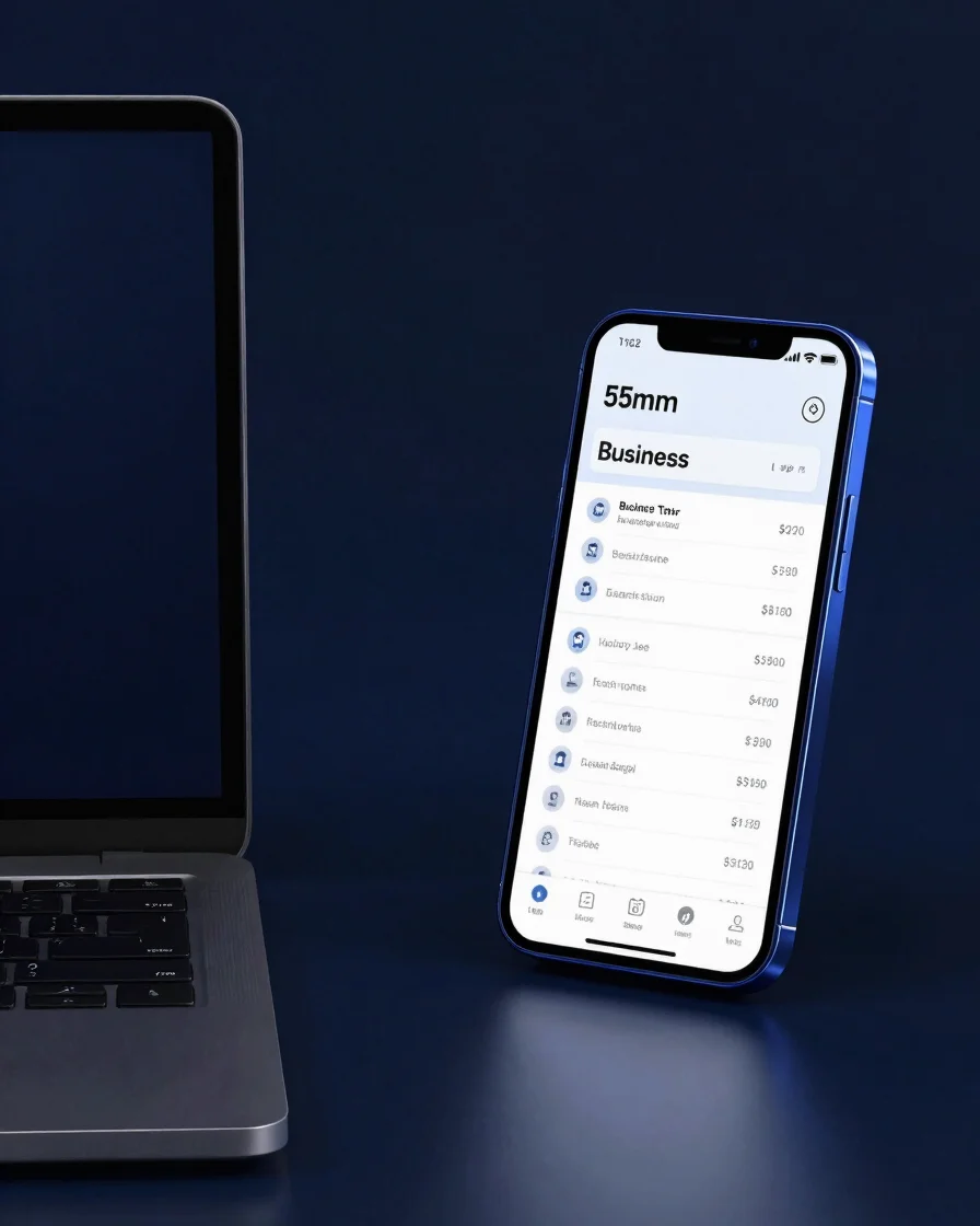 Clean dark navy dashboard concept on a laptop beside a smartphone